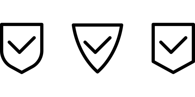 Three black outline icons of shields with checkmarks inside, on a gray background.