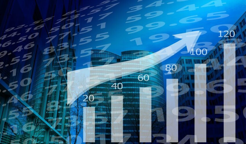 A stylized image representing financial growth with rising bar graphs.