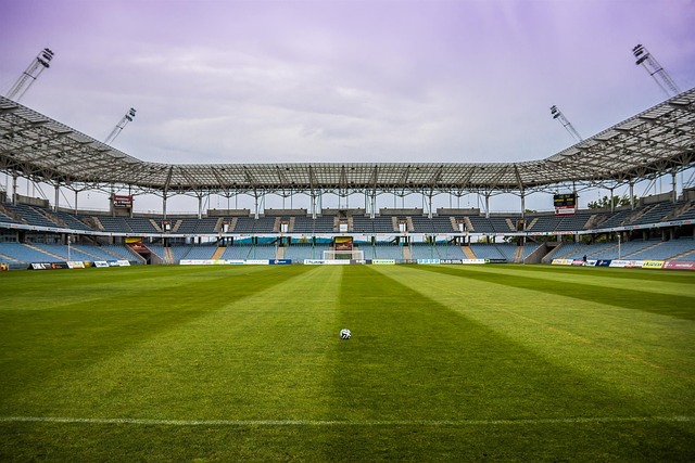 A soccer ball sits on the green field of a large, mostly empty stadium under an overcast sky.