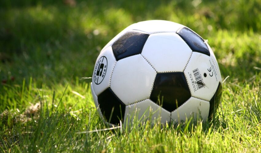 A classic black and white soccer ball rests on a patch of green grass with dappled sunlight.