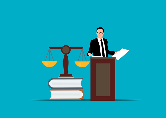 A cartoon illustration depicts a man in a suit standing at a podium with legal books and scales of justice.