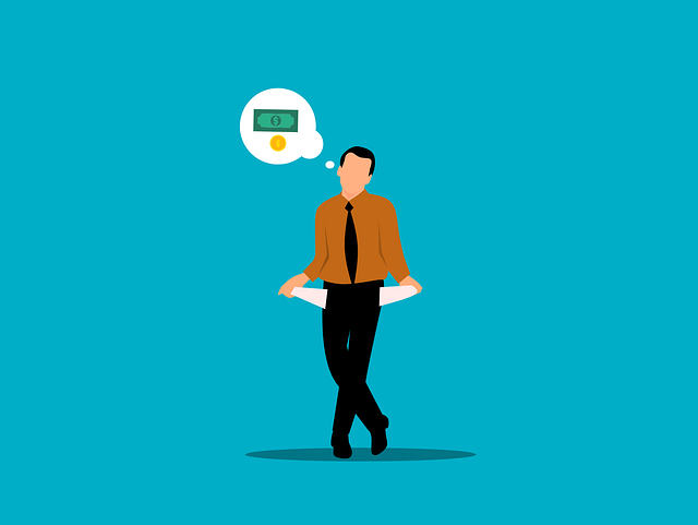 A digital illustration of a person with empty pockets, thinking about money, against a blue background.