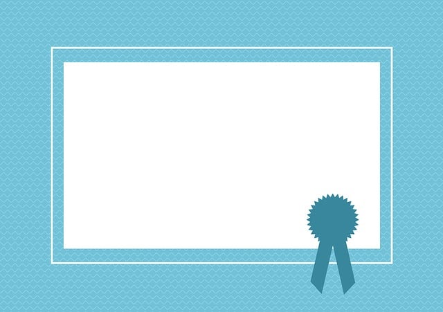 A blank certificate template with a blue ribbon icon in the corner and a light blue patterned background.